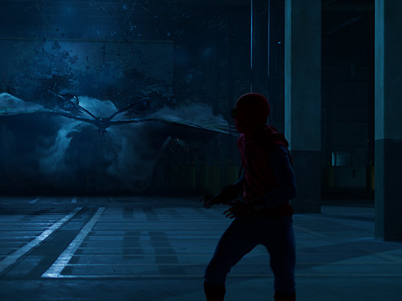A person in a red and blue superhero suit faces a large, dark, winged creature in a dark, smoky warehouse.