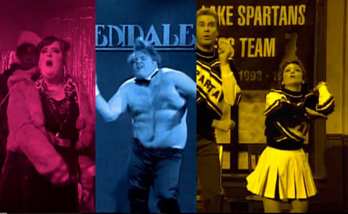 Three film stills: a woman in a pink-tinted scene, a shirtless man, and two cheerleaders in yellow-tinted lighting.