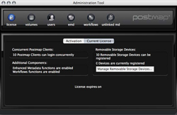 Software interface for Postmap Administration Tool displaying license and activation details.