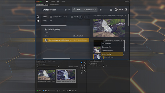 Interface of ShareBrowser software showing search results, a video preview of a waterfall, and a media browser.