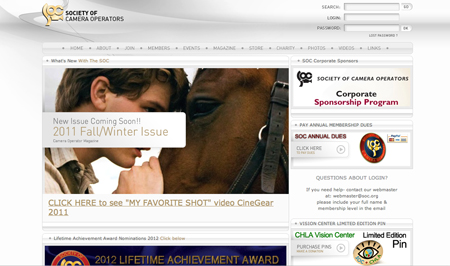 Society of Camera Operators website featuring a banner of a person leaning against a horse and various menu links.