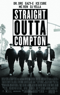 Five men walking toward the camera on a street under the title Straight Outta Compton.