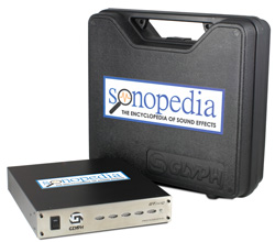 A black Sonopedia carrying case next to a small black and silver electronic device on a white background.
