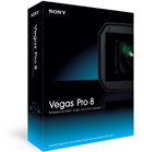 A black software box for Sony Vegas Pro 8 featuring a camera lens graphic.