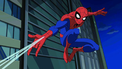 Animated Spider-Man in a red and blue suit swinging through a city at night.