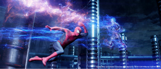 Spider-Man leaps through glowing blue and purple energy streaks in a dark industrial setting.