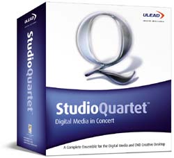 A white and blue software box for Ulead StudioQuartet Digital Media in Concert.