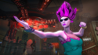 A purple-skinned woman with tall pink hair and sunglasses poses in a teal dress against a city skyline.