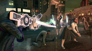 A person aims a large white sci-fi device at people in a dark city street at night.