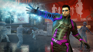A man in sunglasses and a dark jacket extends his hand toward a glowing blue energy effect in a city street.