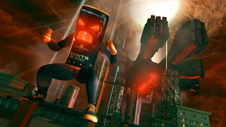 A character with a red soda can head jumps through a dark, glowing city skyline.