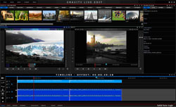 Video editing software interface showing media bins, dual preview monitors, and a timeline.