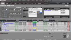 A digital dashboard showing project details, schedules, and a list of production tasks with color-coded status bars.