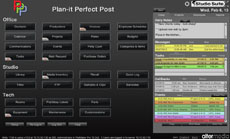 Software dashboard with dark theme, categorized buttons for Office, Studio, and Tech, and a sidebar with notes and tasks.