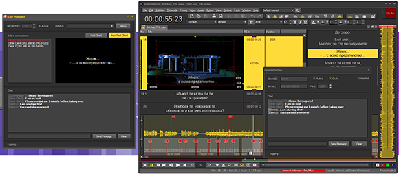 Two software windows showing video timelines, playback controls, and chat interfaces.