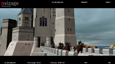 Knights on horseback ride along a stone wall toward a massive, multi-towered stone castle under a cloudy sky.
