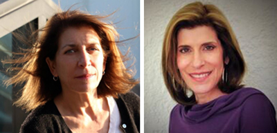Two portraits of women: one with wind-blown hair outdoors, the other smiling in a purple top against a plain wall.