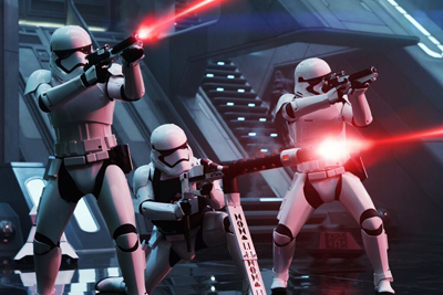 Three stormtroopers in white armor firing red laser beams in a dark, futuristic hallway.