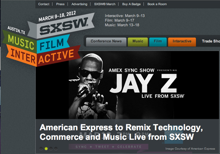 SXSW 2012 website header with music, film, and interactive tabs and a Jay-Z promotional banner.