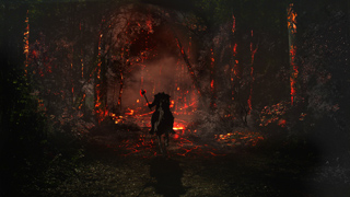 A silhouette of a rider on a horse moving through a dark forest filled with glowing red embers and smoke.