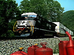 A black locomotive pulls white passenger cars along a gravel track lined with green trees.