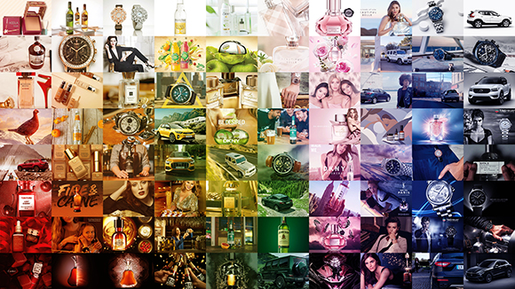 A grid of diverse advertisements featuring watches, perfumes, cars, jewelry, and fashion models.