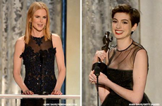 Two women in black evening gowns standing at podiums during an awards ceremony.