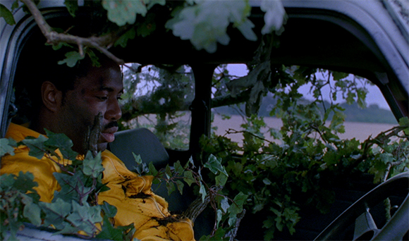 A man in a yellow shirt sits inside a vehicle overgrown with green leafy branches.