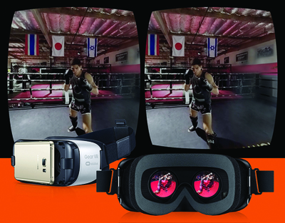 A Samsung Gear VR headset next to a stereoscopic view of a woman boxer in a gym.