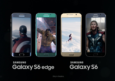 Four Samsung Galaxy smartphones side-by-side showing various superhero movie scenes against a black background.