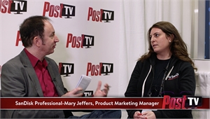 A woman sits in profile during an interview against a white backdrop with Post TV logos.