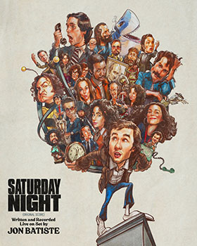 Caricature illustration of many diverse people clustered together above the text 'Saturday Night'.
