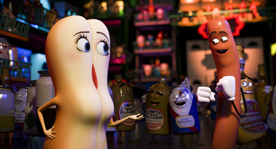 Two animated food characters, one shaped like a split bun and one like a sausage, talk in a room of bottles.