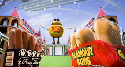 Cartoon honey mustard character stands between hot dog sausages and buns in a bright, stylized theme park.