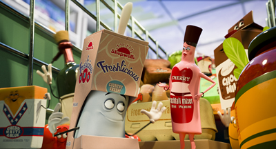 Animated food items with faces and limbs standing together on a grocery shelf.