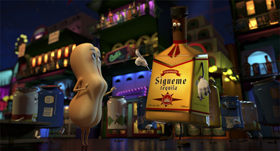 Animated peanut and tequila bottle characters walking through a colorful, nighttime city street.