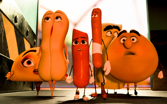 Group of anthropomorphic food characters with expressive faces standing in a line.