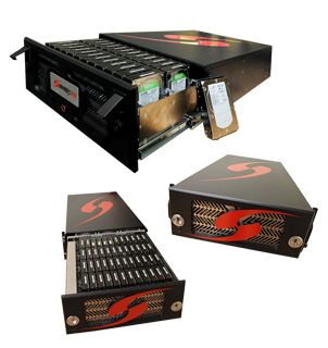 Multiple angles of a black server storage unit showing internal hard drives and external branding.