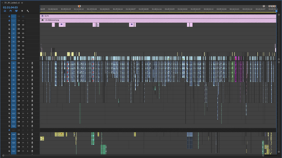 A digital video editing software interface showing multiple layers of colored audio and video tracks.