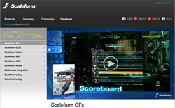 Scaleform website showing a product page for GFX with a video player displaying a video game interface.