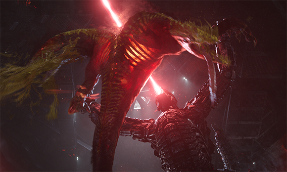 A large, organic creature is hit by a bright red beam of light from a dark, armored mechanical suit.
