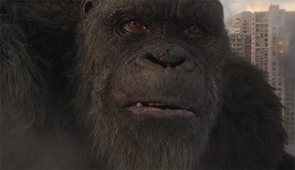 Close-up of a giant gorilla with dark fur and intense eyes, with city buildings in the background.