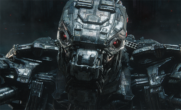 A detailed, dark metallic robotic head with glowing red eyes and complex mechanical plating.