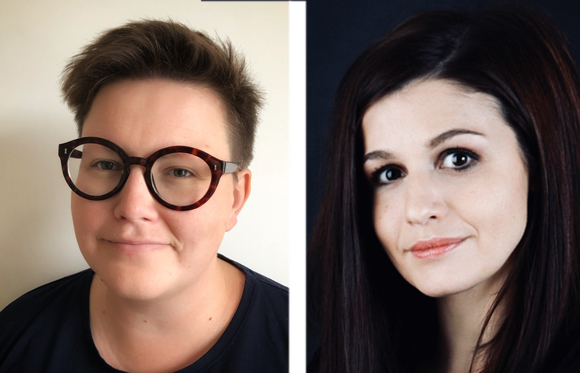 Two portraits: one of a person with short brown hair and glasses, and one of a person with long dark hair.