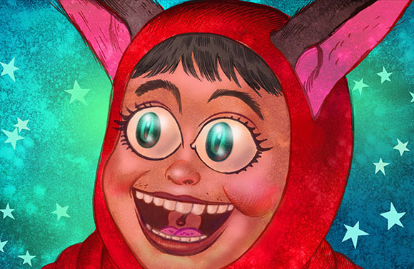 Illustration of a person with wide eyes and a large grin wearing a red hood with pink ears.