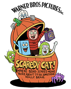 Cartoon characters peeking out of a large jack-o'-lantern with Warner Bros. branding and spooky text.