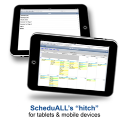 Two black tablets displaying a list view and a calendar view of a scheduling application.
