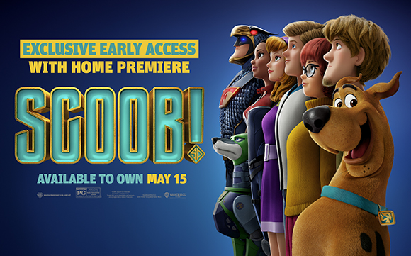 Animated characters from Scoob! standing in profile against a blue background.