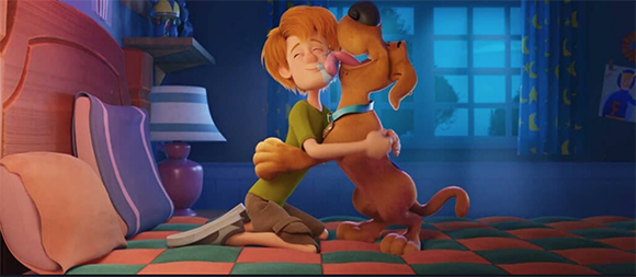 An animated boy kneels on a bed, hugging a large brown dog that licks his face.