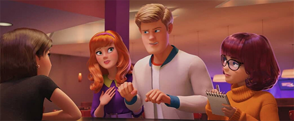 Four animated characters sit around a table in a dimly lit room.
